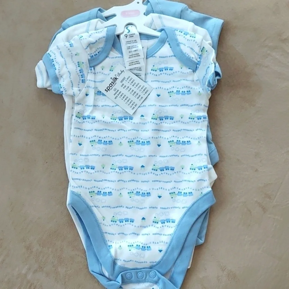 3 pc pack short sleeve onesies choo choo train - blue white - size 9 months